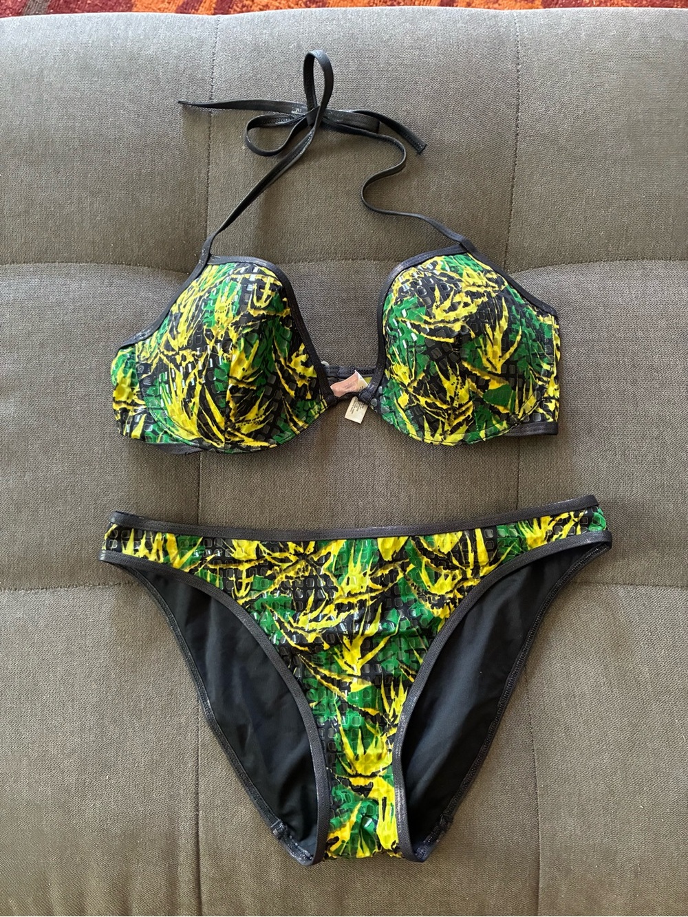 Victoria's Secret Green and Yellow Patterned Bikini Set